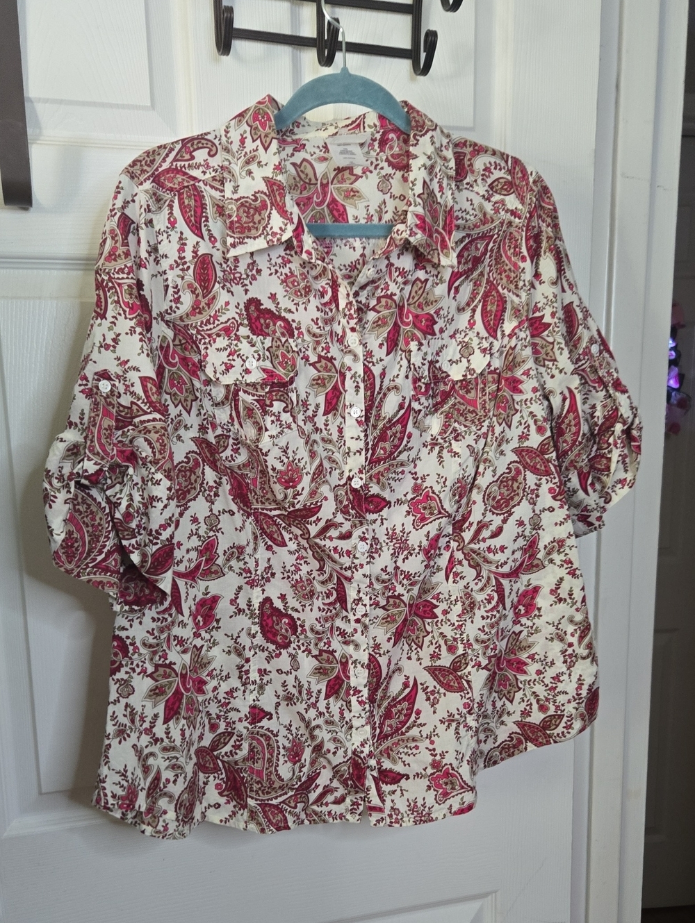 Just My Size White Button-Front Shirt with Pink Paisley Print